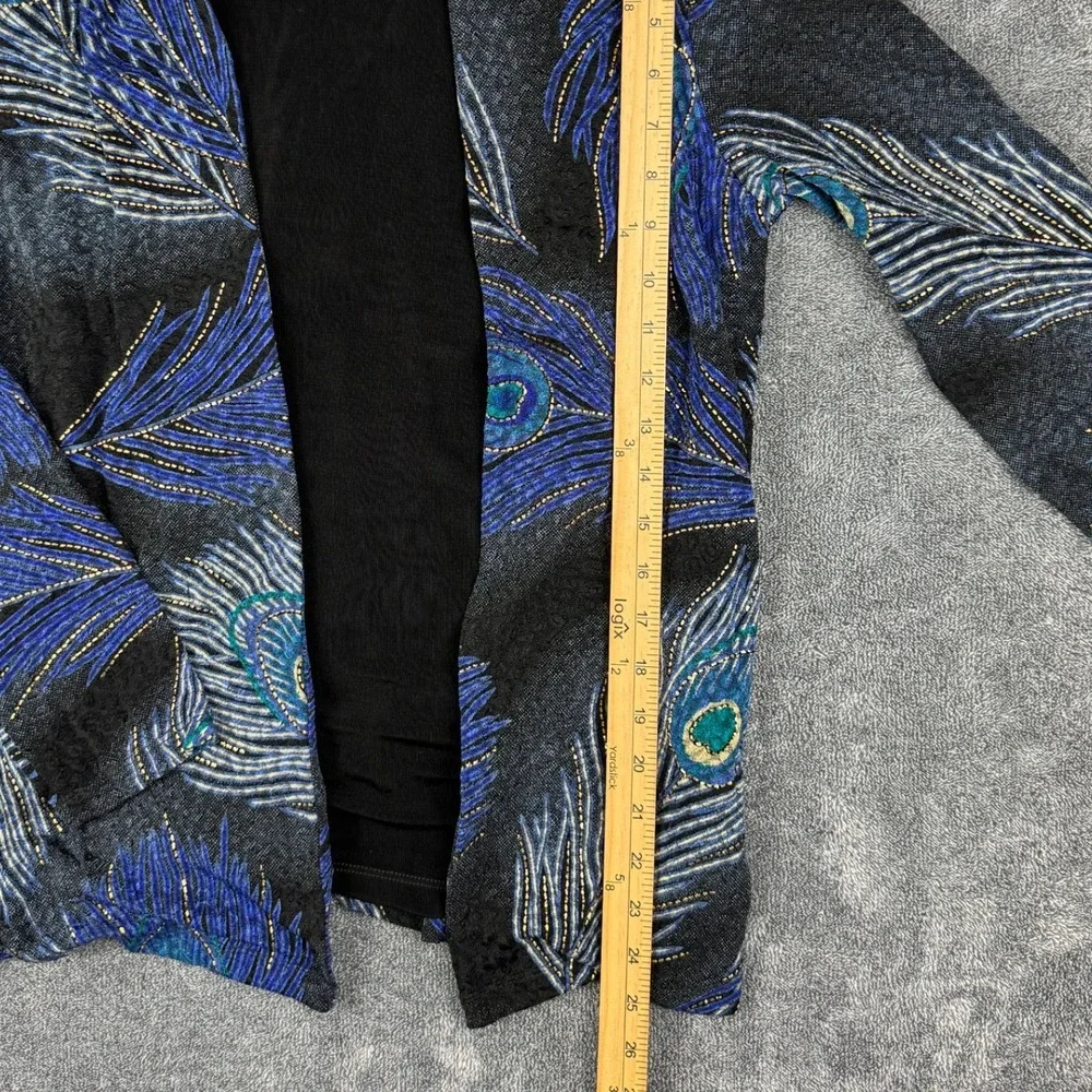 JM Collection Women Peacock Feather Print Open Front Cardigan Jacket Black Small